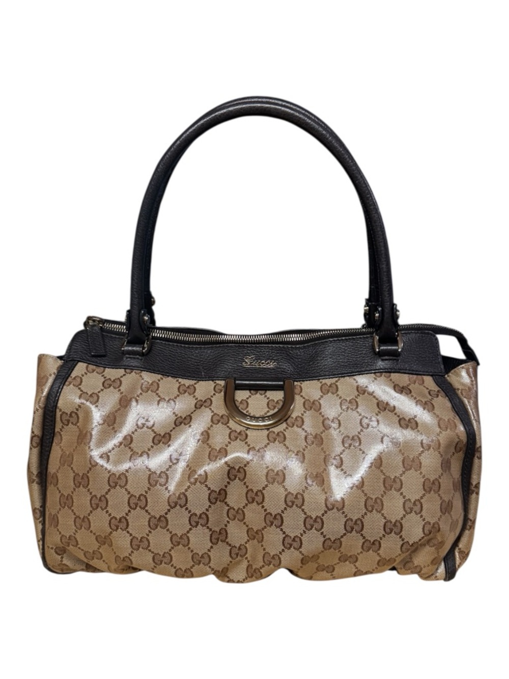 GUCCI Authentic GG Abbey Coated Canvas Tote Bag Leather Trim Handbag Brown COA - Picture 3 of 17